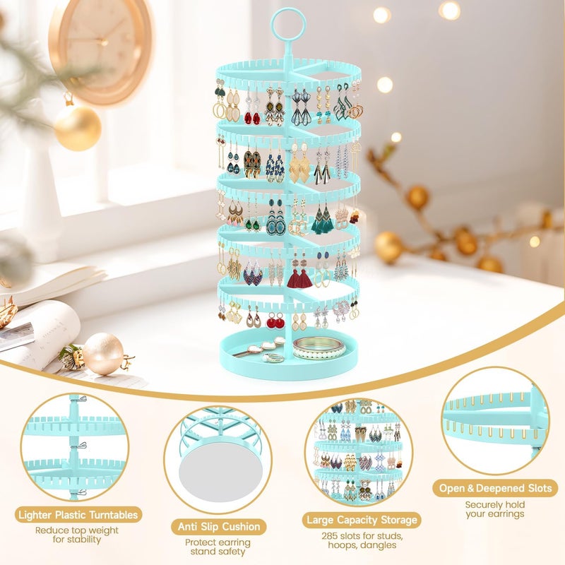 MODOWEY 5 Tier Rotating Earring Holder Organizer Display Tree with Metal Tray, Adjustable Plastic Stand with 285 Slots for Stud Hoop Hanger, Large Capacity Storage Rack for Women Space Saving, Blue - Image 4
